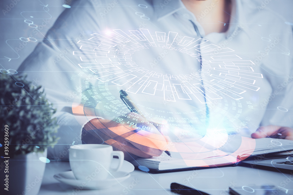 Fototapeta premium Human hands with tech theme double exposure drawings.