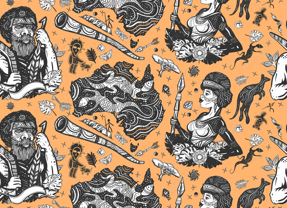 Australia seamless pattern. Boomerang, rock painting, kangaroo