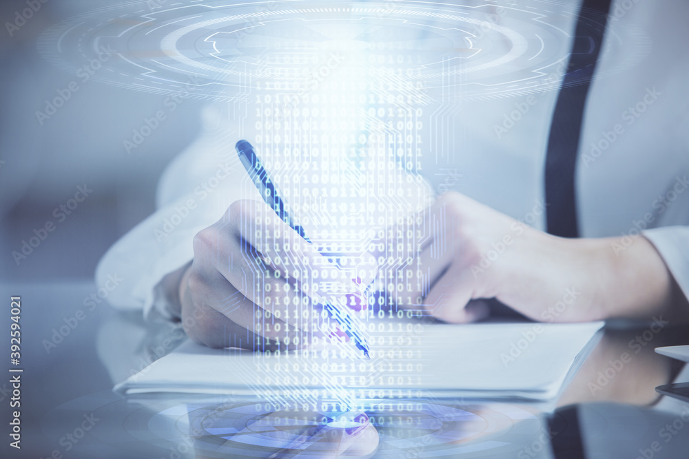 Multi exposure of woman's writing hand on background with data technology hud. Big data concept. Multi exposure of woman's writing hand on background with data technology hud. Big data concept.