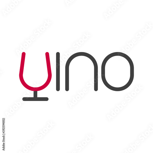 Logotipo con tipografía Vino en español con copa de vino en color gris y granate