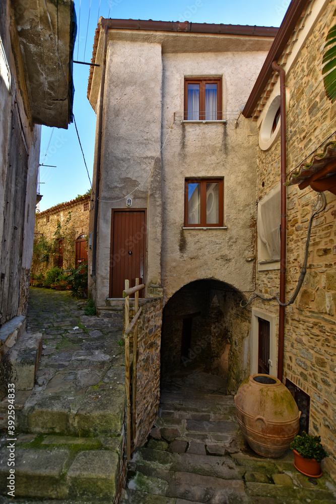 A narrow street among the old houses of Castellabate, a medieval village in the Campania region, Italy.
