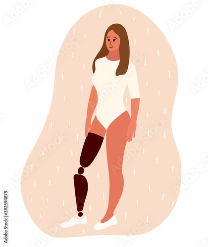 Young woman with artificial leg stands smiling. Cartoon vector illustration of disabled female with leg prosthesis. Inclusion concept