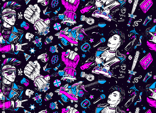 Street culture concept. Electric guitar. Anarchy art. Old school tattoo style. Punk and rock music seamless pattern. Punker with mohawk hairstyle, rock woman, guitarist girl. Hooligans lifestyle