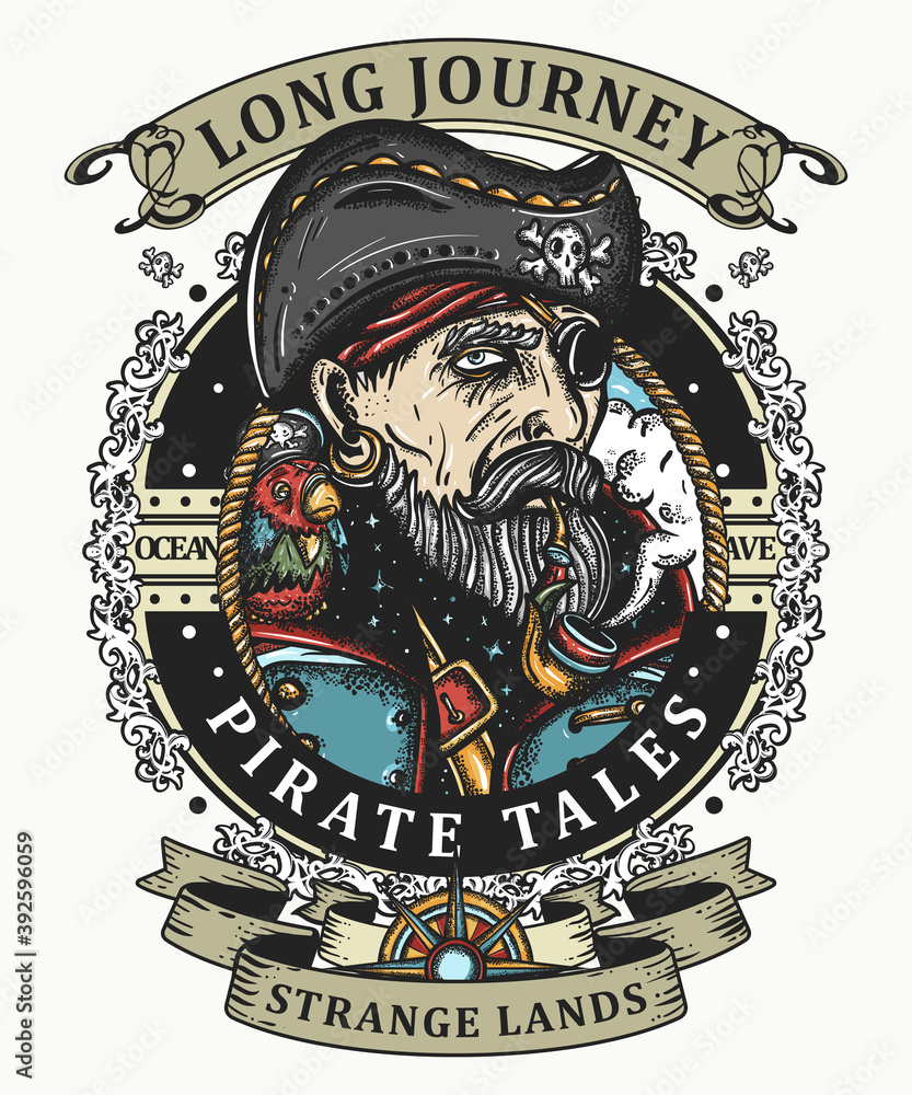 Vetor de Old pirate captain smocking pipe. Old school tattoo style ...