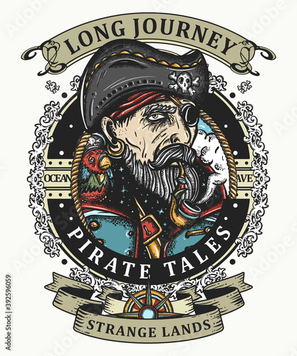 Old pirate captain smocking pipe. Old school tattoo style. Marine t-shirt art. Symbol of ocean adventure, treasure island. Elderly sea wolf, parrot, compass, rope, wave, swallows and black cats