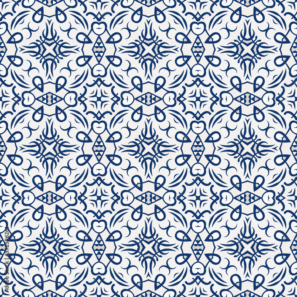 Creative color abstract geometric pattern in white  blue, vector seamless, can be used for printing onto fabric, interior, design, textile, rug, tiles, carpet.