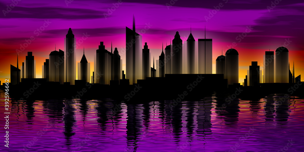 Stilisierte Skyline im Abendrot.