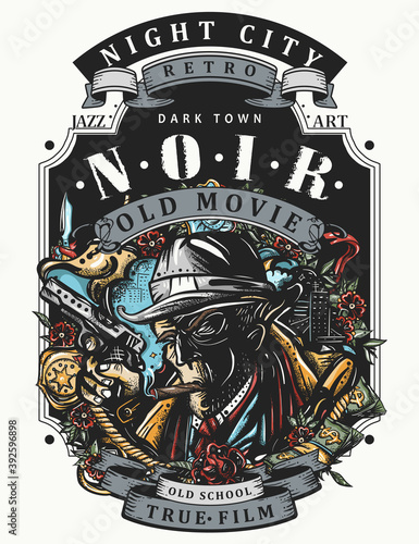 Noir detective. Portrait police inspector and night city. Old movie style. Dark crime art. Retro gangster. Boss of mafia. T-shirt design