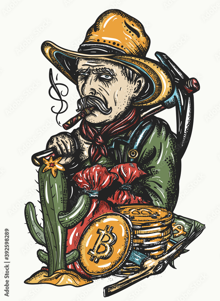Gold digger. Cryptocurrency. Mining of bitcoins. Old cowboy in hat. Wild  West tattoo and t-shirt design. Western art Stock Vector | Adobe Stock