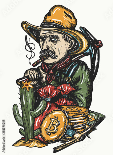 Gold digger. Cryptocurrency. Mining of bitcoins. Old cowboy in hat. Wild West tattoo and t-shirt design. Western art