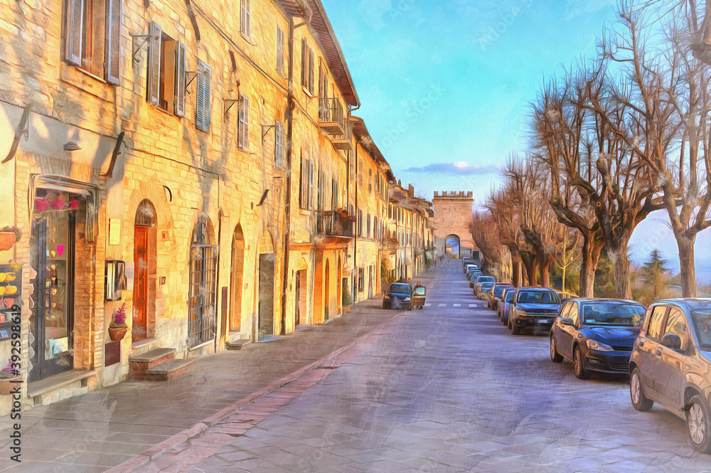 Fototapeta premium Street in old town colorful painting looks like picture