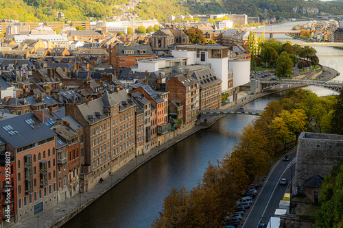 Toeristic pictures of the city Namen.   Wide angle bird perspective shot of namur with the river maas, la meuse.  Best of belgium, wallonie in one postcard.  High resolution shots, les ardennes. photo