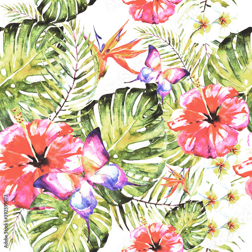 beautiful red flowers ,palm leaves, watercolor on a white