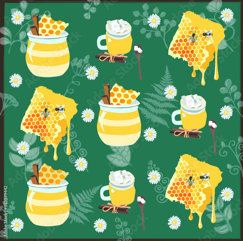 Honey with milk on the teal background with flowers and plants