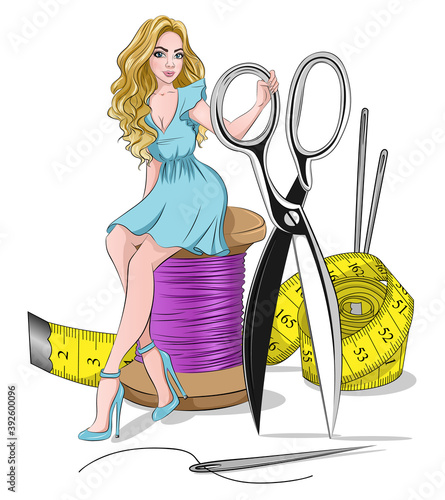 Young girl sitting on thread reel with sewing equipment. Hand-drawn fashion illustration 
