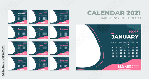Calendar 2021, Set Desk Calendar template design with Place for Photo and Company Logo. Week Starts on Monday. Set of 12 Months.