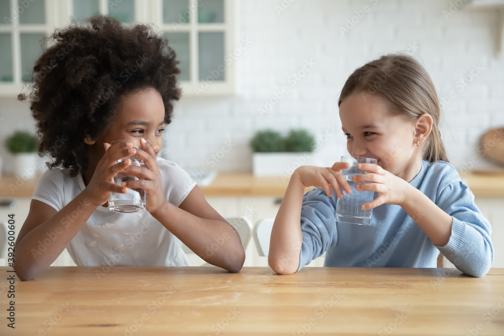 Cute smiling diverse little girls drinking fresh water, sitting at wooden table in kitchen, looking at each other, multiracial sisters adorable kids enjoying aqua, refreshment concept - obrazy, fototapety, plakaty 
