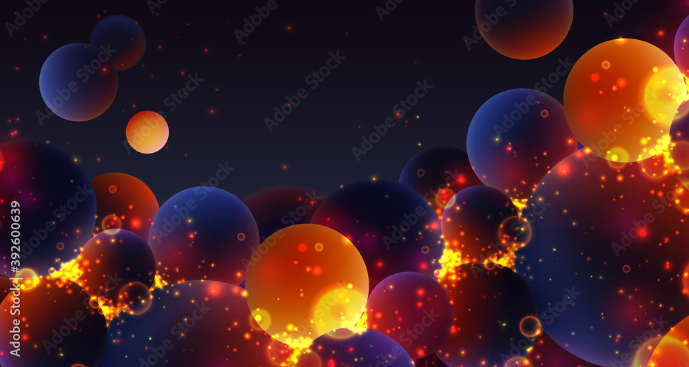 Realistic dark balls, blured and luminous, luminescent orange balls with soft touch feeling and glowing particles and lights in blue dark abstract background. Vector illustration. 