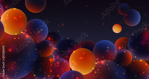 Fototapeta Naklejka Na Ścianę i Meble -  Realistic dark balls, blured and luminous, luminescent orange balls with soft touch feeling and glowing particles and lights in blue dark abstract background. Vector illustration. 