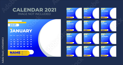 Calendar 2021, Set Desk Calendar template design with Place for Photo and Company Logo. Week Starts on Monday. Set of 12 Months.