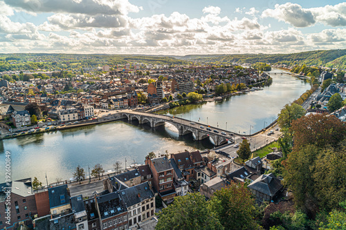 Toeristic pictures of the city Namen.   Wide angle bird perspective shot of namur with the river maas, la meuse.  Best of belgium, wallonie in one postcard.  High resolution shots, les ardennes. photo