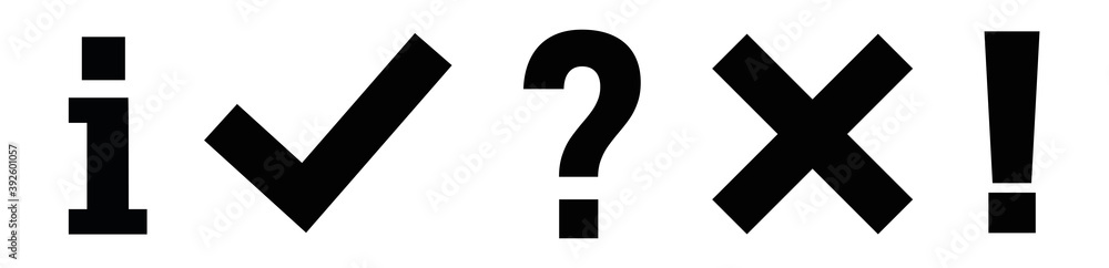 Check mark, cross, information and exclamation icons vector. Tick, question, information and answers mark. Set of flat button. Signs isolated on white background. Vector illustration.