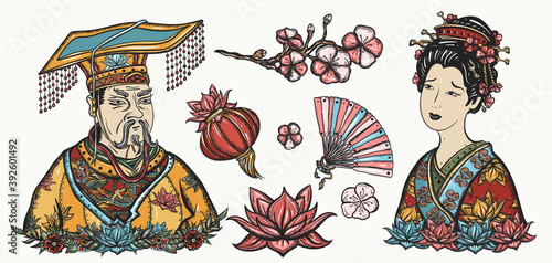 Ancient China. History and culture. Asian art. Traditional tattooing style. Old school tattoo vector collection. Chinese emperor, queen in traditional costume, fan, red lantern, lotus flower photo