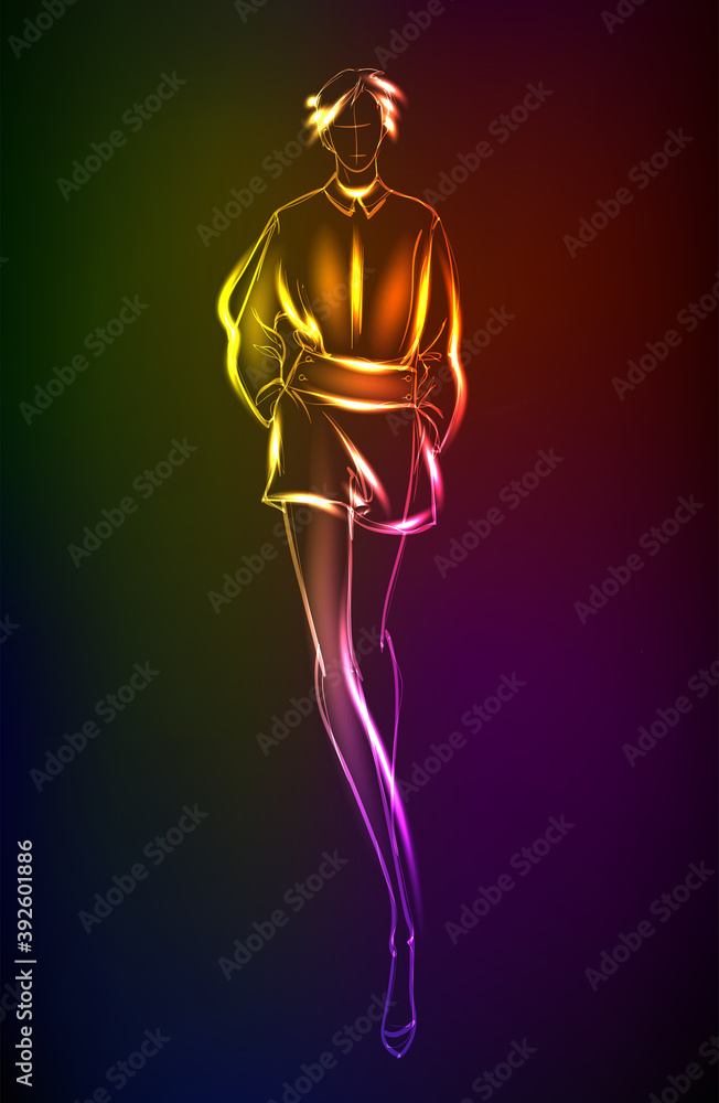 Hand-drawn fashion model from a neon. A light girl's. Fashion girl. Stylish fashion model. Fashion woman Hand-drawn fashion model from a neon. A light girl's. Fashion girl. Stylish fashion model. Fashion woman