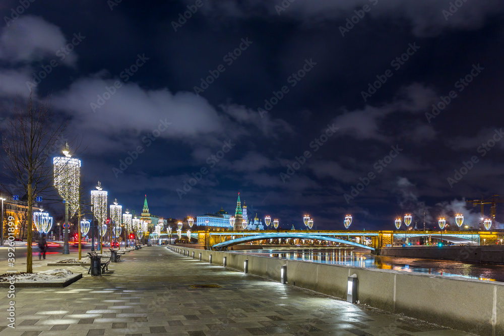 Night view on Moscow River embankment with christmas illumination