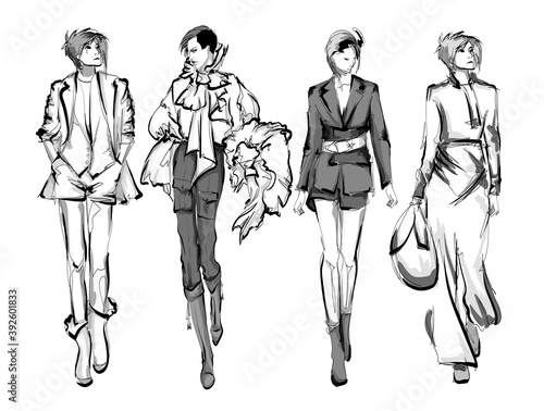 Beautiful young women in modern style.. Hand drawn stylish woman portrait. Fashion lady. Autumn outfit. Sketch set. Fashion model posing in coat. Hand drawn fashion woman.