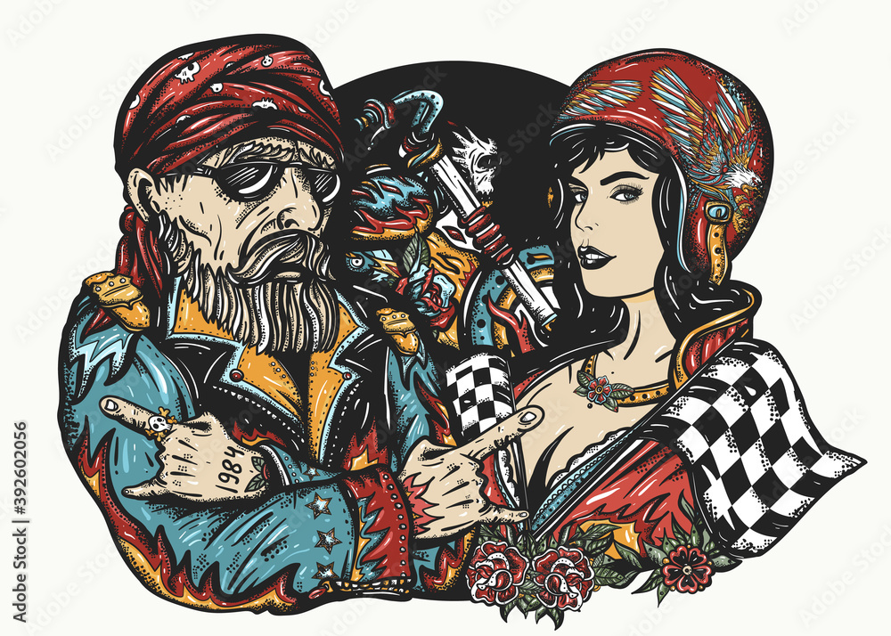 Road racers art. Tattoo and t-shirt design. Bikers lifestyle. Bearded biker man, burning motorcycle, rider sport moto woman, female motorcyclist Road racers art. Tattoo and t-shirt design. Bikers lifestyle. Bearded biker man, burning motorcycle, rider sport moto woman, female motorcyclist