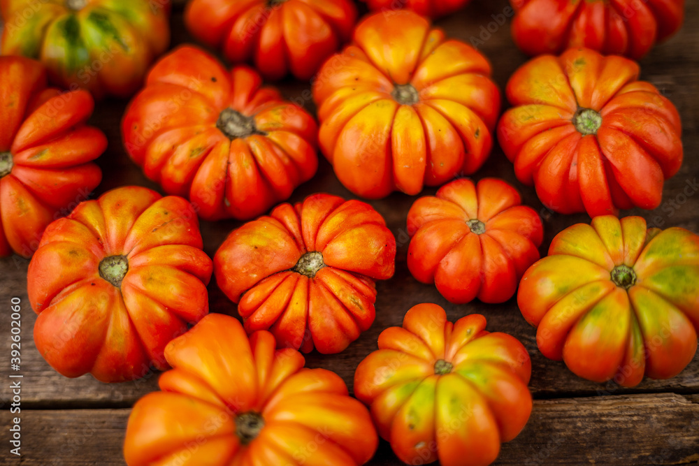 Red ribbed tomatoes on a wooden background. American or Florentine variety Nina. Food on the table top view. Autumn harvest of vegetables similar to flowers and pumpkins.Ribby tomato. Red ribbed tomatoes on a wooden background. American or Florentine variety Nina. Food on the table top view. Autumn harvest of vegetables similar to flowers and pumpkins.Ribby tomato.