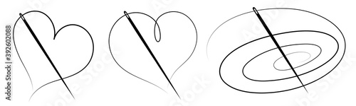 Set of three silhouettes of a needle and thread
