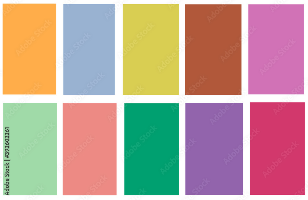 A set of 10 fashionable colors of the spring-summer 2021 season in a white box on white background.