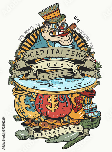 Capitalism art. Rich greedy capitalist on a mountain of golden coins. Concept of global financial system. Evil businessman and money. Caricature. Corruption and bureaucracy. T-shirt design
