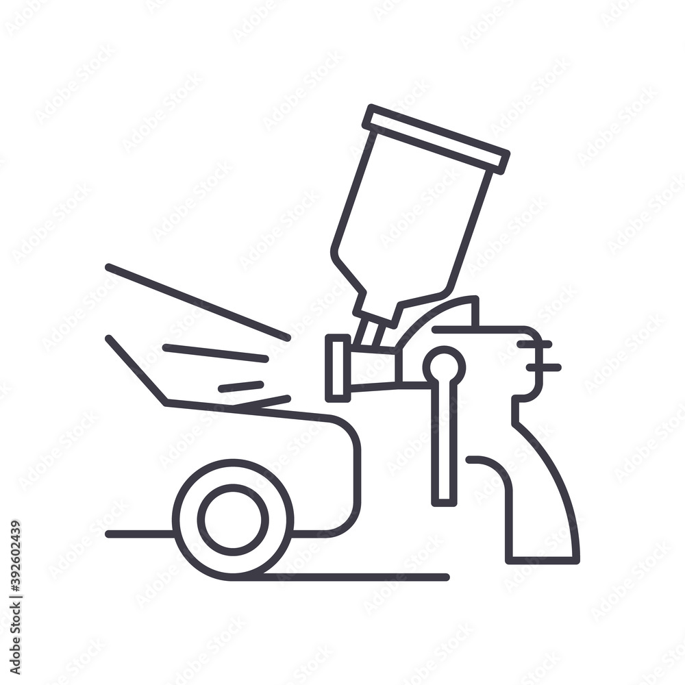 Car painting work concept icon, linear isolated illustration, thin line vector, web design sign, outline concept symbol with editable stroke on white background. Car painting work concept icon, linear isolated illustration, thin line vector, web design sign, outline concept symbol with editable stroke on white background.