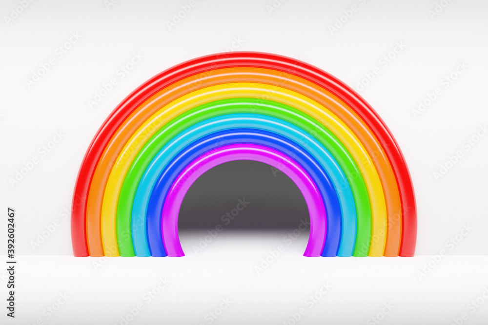 Fototapeta premium 3d illustration of a rainbow round arch on a white background. Portal of long inflatable colorful balls to the magical land