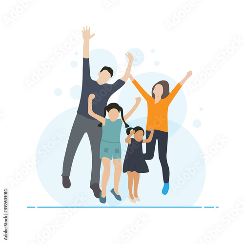Happy family jumping together. Father  mother and children enjoying concept illustration.