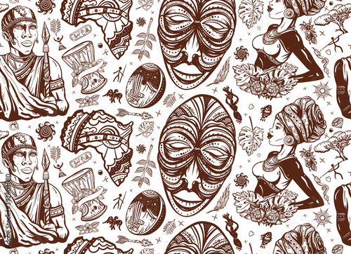 Ethnic afro girl and black tribe man. African seamless pattern. Tradition and culture background. Africa art. Woman in traditional turban, maasai warrior, tribal mask, kalimba, map, drum