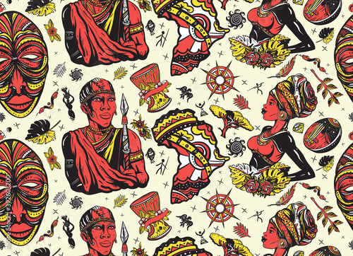 Africa art. Woman in traditional turban, maasai warrior, tribal mask, kalimba, map, drum. Ethnic afro girl and black tribe man. African seamless pattern. Tradition and culture background