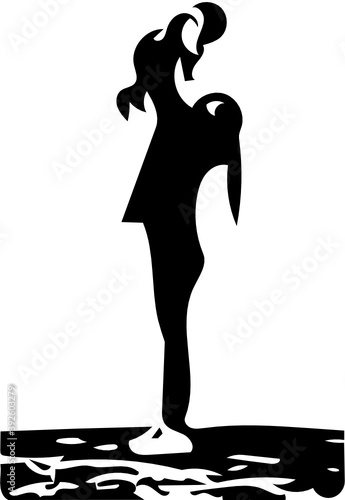 Mother silhouette holds baby above her head. Concept of daily care. White background.  Flat vector illustration. 