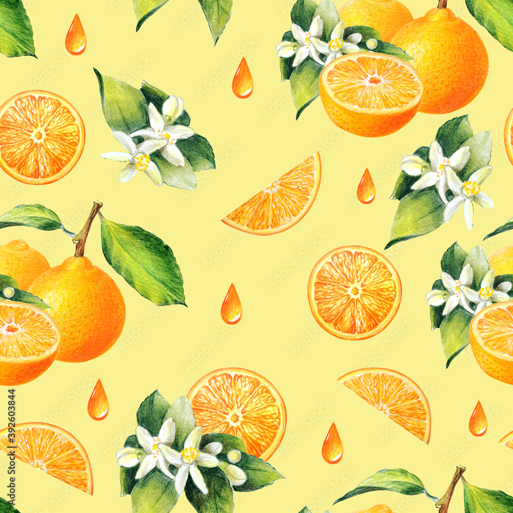 orange, orange slices, leaves and citrus flowers seamless pattern
