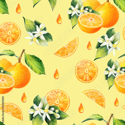 orange, orange slices, leaves and citrus flowers seamless pattern