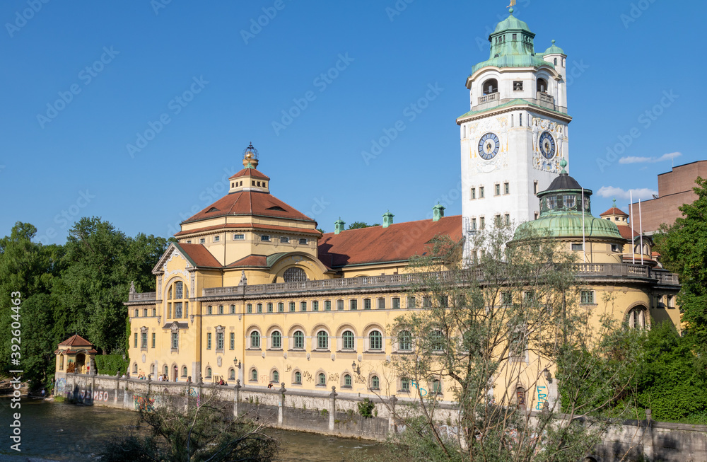 Cityscape of Muellersches Volksbad on Isar river bank in Munich, Germany