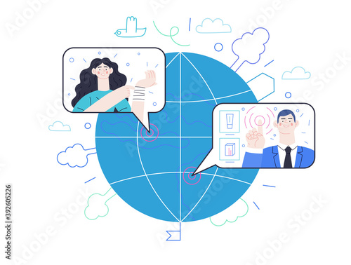 Medical insurance - online doctor service -modern flat vector concept digital illustration - a woman talking online with a doctor from halfway around the world, medical service and insurance metaphor