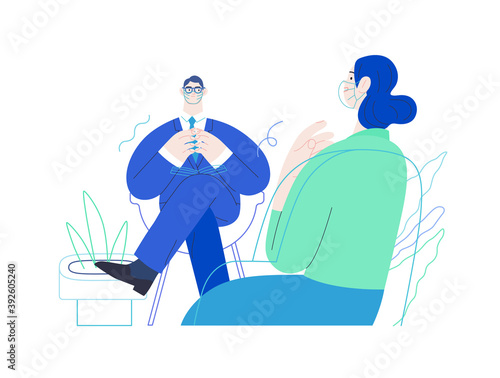 Medical insurance -psychological support -modern flat vector concept digital illustration of a therapist wearing glasses, taking session notes in notepad while female patient talking about her problem