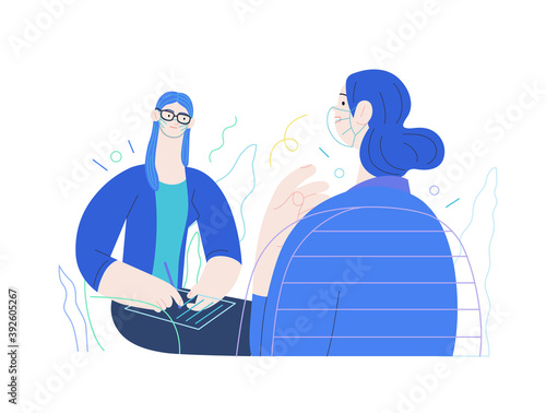 Medical insurance -psychological support -modern flat vector concept digital illustration of a therapist wearing glasses, taking session notes in notepad while female patient talking about her problem