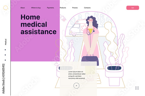 Medical insurance template -home medical assistance -modern flat vector concept digital illustration -nurse standing at the private residence entrance door Home medical service, part of insurance plan