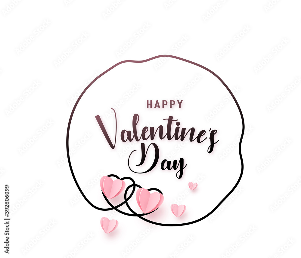 Continuous uneven sketch line heart round shape frame with realistic paper heart and greeting happy valentine day text isolated on white background. Love border pattern invitation design Continuous uneven sketch line heart round shape frame with realistic paper heart and greeting happy valentine day text isolated on white background. Love border pattern invitation design