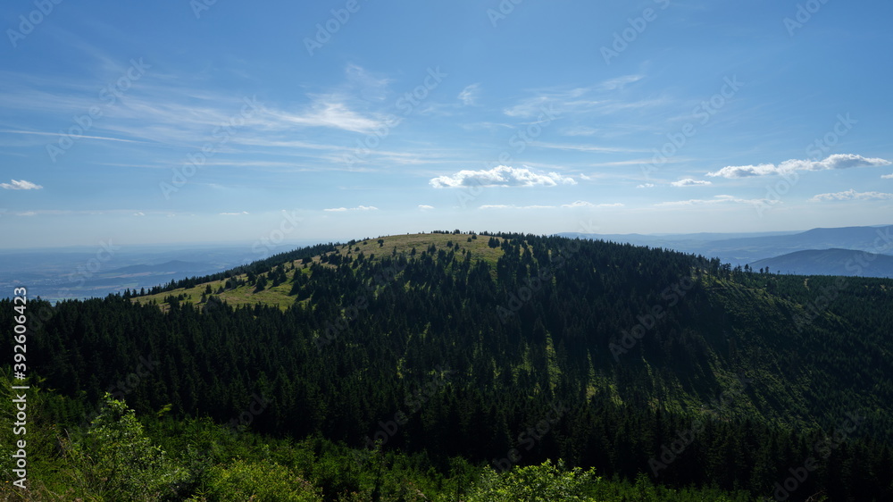 Forested hilly landscape with meadows on mountain ridge during sunny cloudless day.